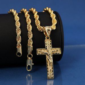 14k Jesus Christ Cross Nugget Necklace + Pendant